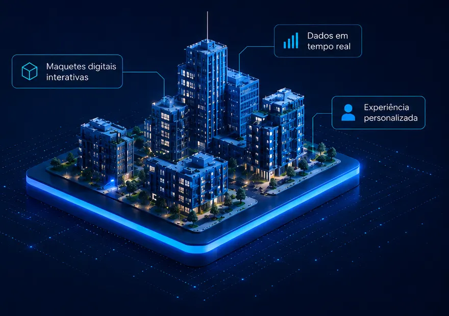 Interactive digital maquette: a residential development in 3D on an illuminated base, with real-time data and tailored experience highlights